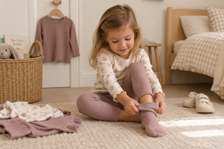 Toddler learning to dress independently in pink leggings