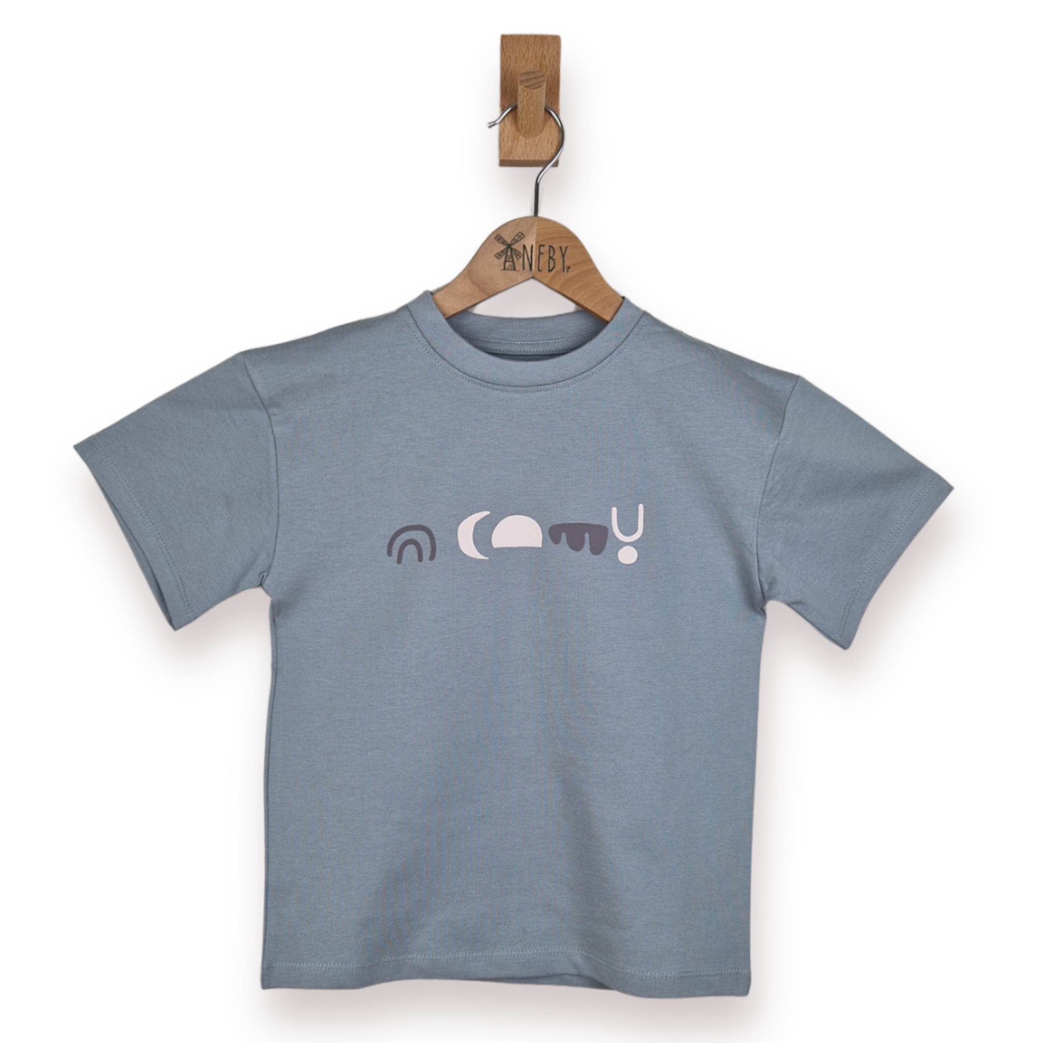 Blue children's t-shirt with a graphic design on a wooden hanger against a white background