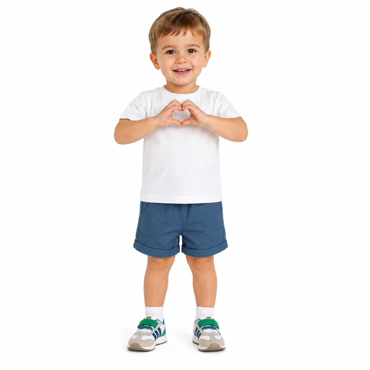 A young child standing against a white background, wearing a plain white short-sleeve T-shirt, blue shorts, white socks, and gray sneakers with green accents, making a heart shape with their hands.