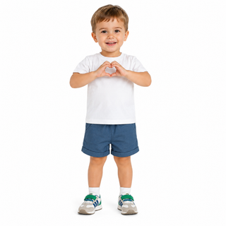 A young child standing against a white background, wearing a plain white short-sleeve T-shirt, blue shorts, white socks, and gray sneakers with green accents, making a heart shape with their hands.