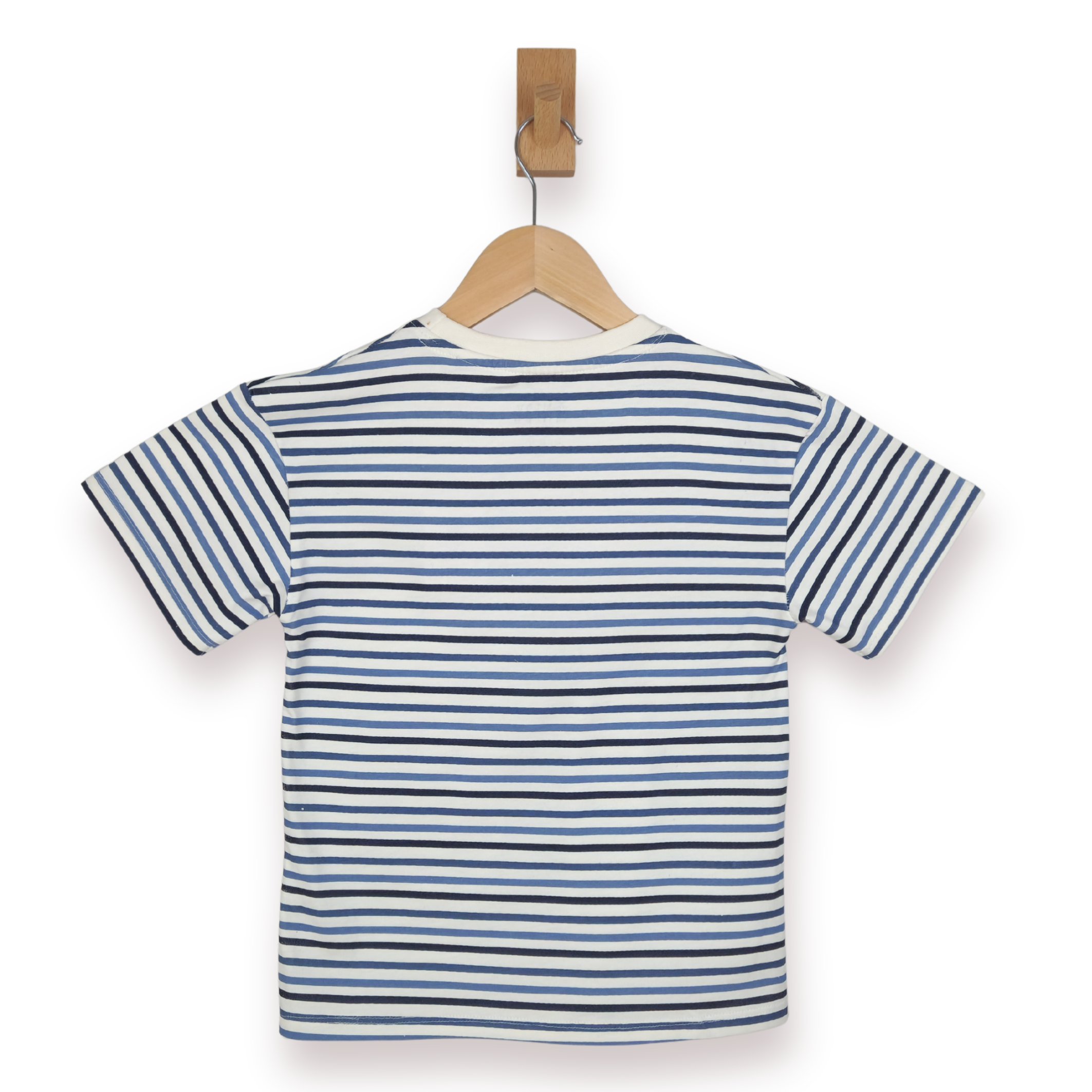 Blue and white striped t-shirt on a wooden hanger against a white background