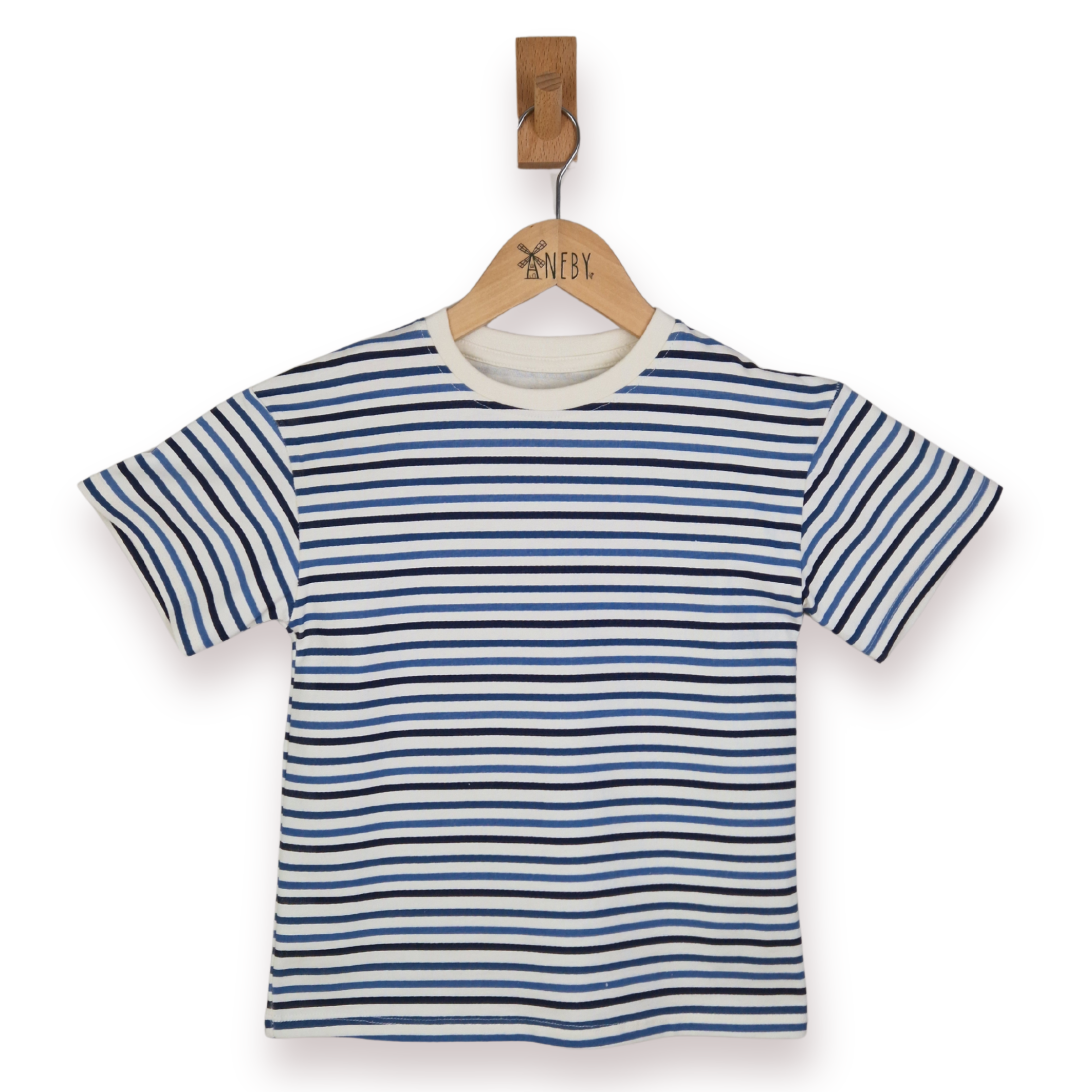 Blue and white striped t-shirt on a hanger against a white background