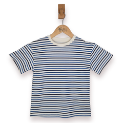 Blue and white striped t-shirt on a hanger against a white background