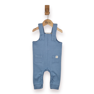 A baby's blue rib dungarees overall romper hanging on a wooden hanger with a wooden peg, shown against a plain white background.