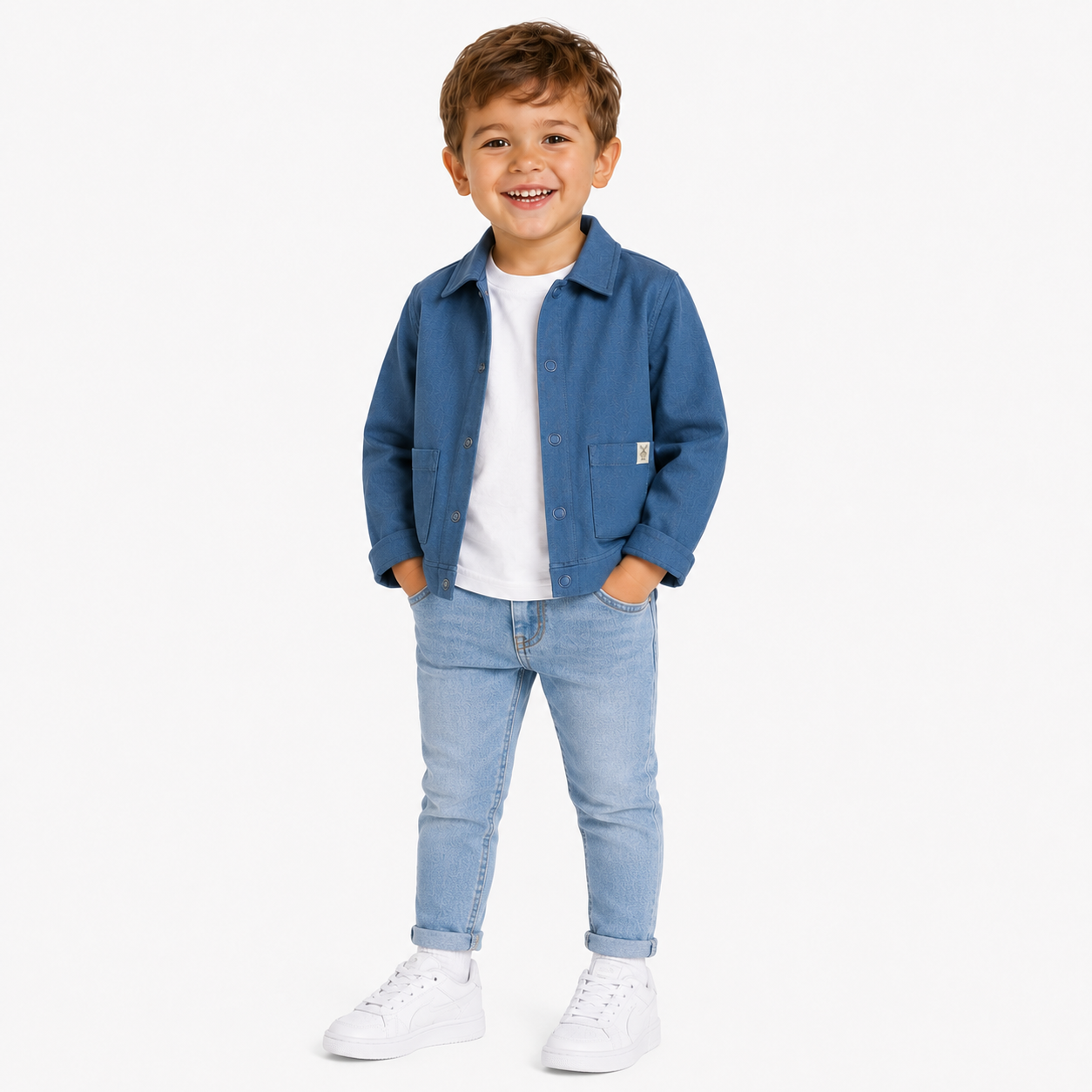 A young boy smiling and standing against a light studio background, wearing a blue cotton shacket over a white t-shirt, light blue jeans, and white trainers.