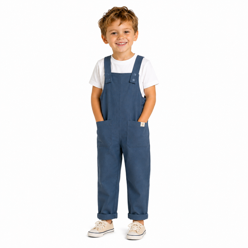 A young boy wearing blue denim-style overalls over a white t-shirt and white sneakers, standing against a plain white background.