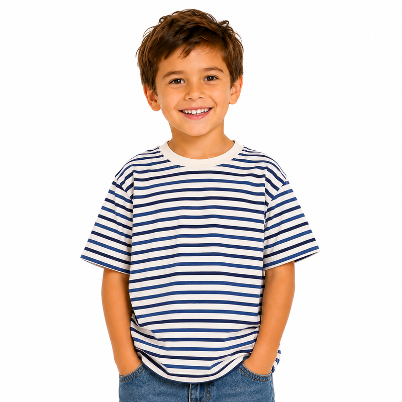 Child wearing a blue and white striped shirt on a white background