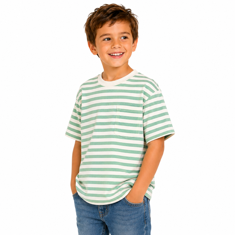 Child wearing a green and white striped shirt on a white background