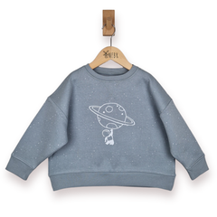 Blue grey children's sweatshirt with space-themed design on a hanger against a white background