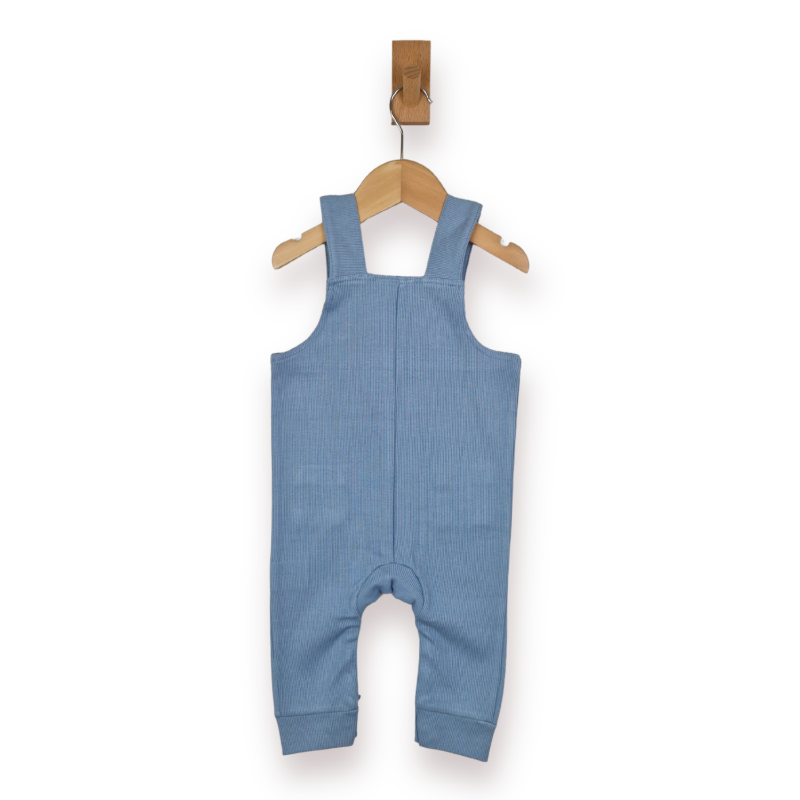 A baby's blue rib cotton overall romper hanging from a wooden hanger on a wall hook, against a plain white background.
