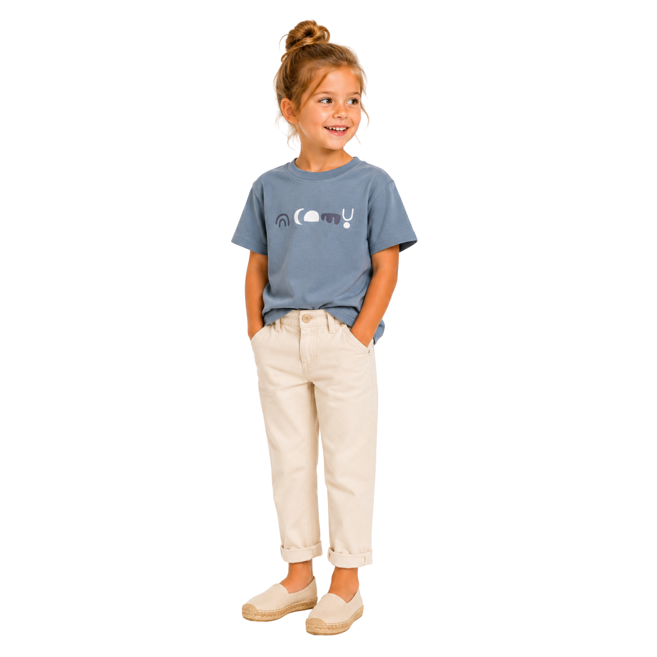 Young girl wearing a blue t-shirt with a graphic design and beige pants on a white background
