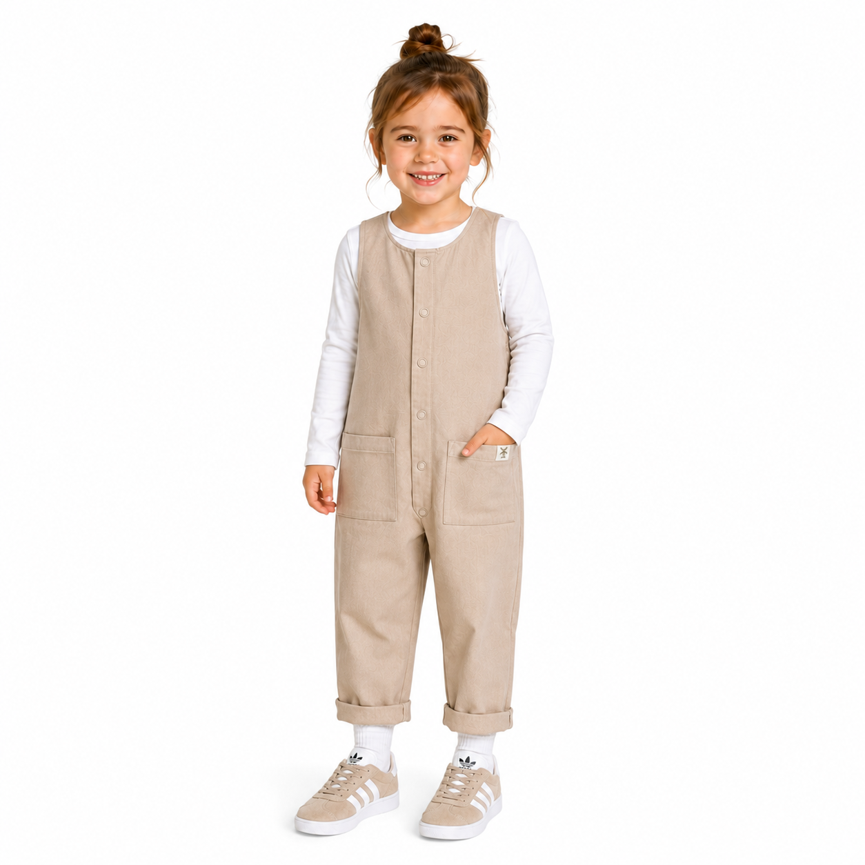 A young girl stands against a plain white background wearing a beige corduroy jumpsuit over a white long-sleeve shirt, with beige sneakers and white socks.