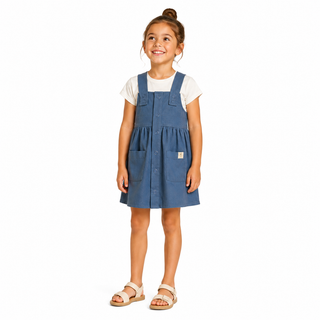 A young girl with her hair in a bun stands against a white background wearing a blue cotton dungaree dress over a white t-shirt and light-coloured sandals.