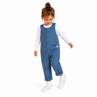 A toddler girl wearing a blue denim overall jumpsuit over a white long-sleeve shirt and white sneakers, standing against a plain white background.