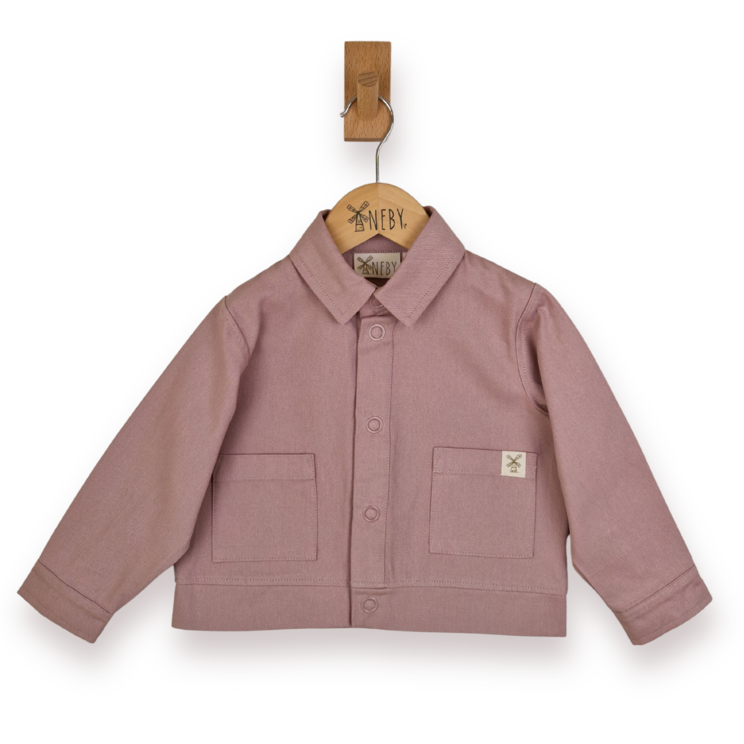 A dusty rose pink long-sleeve button-up jacket for toddlers, featuring a classic collar, front button closure, and two front patch pockets, hanging on a wooden hanger with a wooden peg.