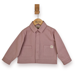 A dusty rose pink long-sleeve button-up jacket for toddlers, featuring a classic collar, front button closure, and two front patch pockets, hanging on a wooden hanger with a wooden peg.
