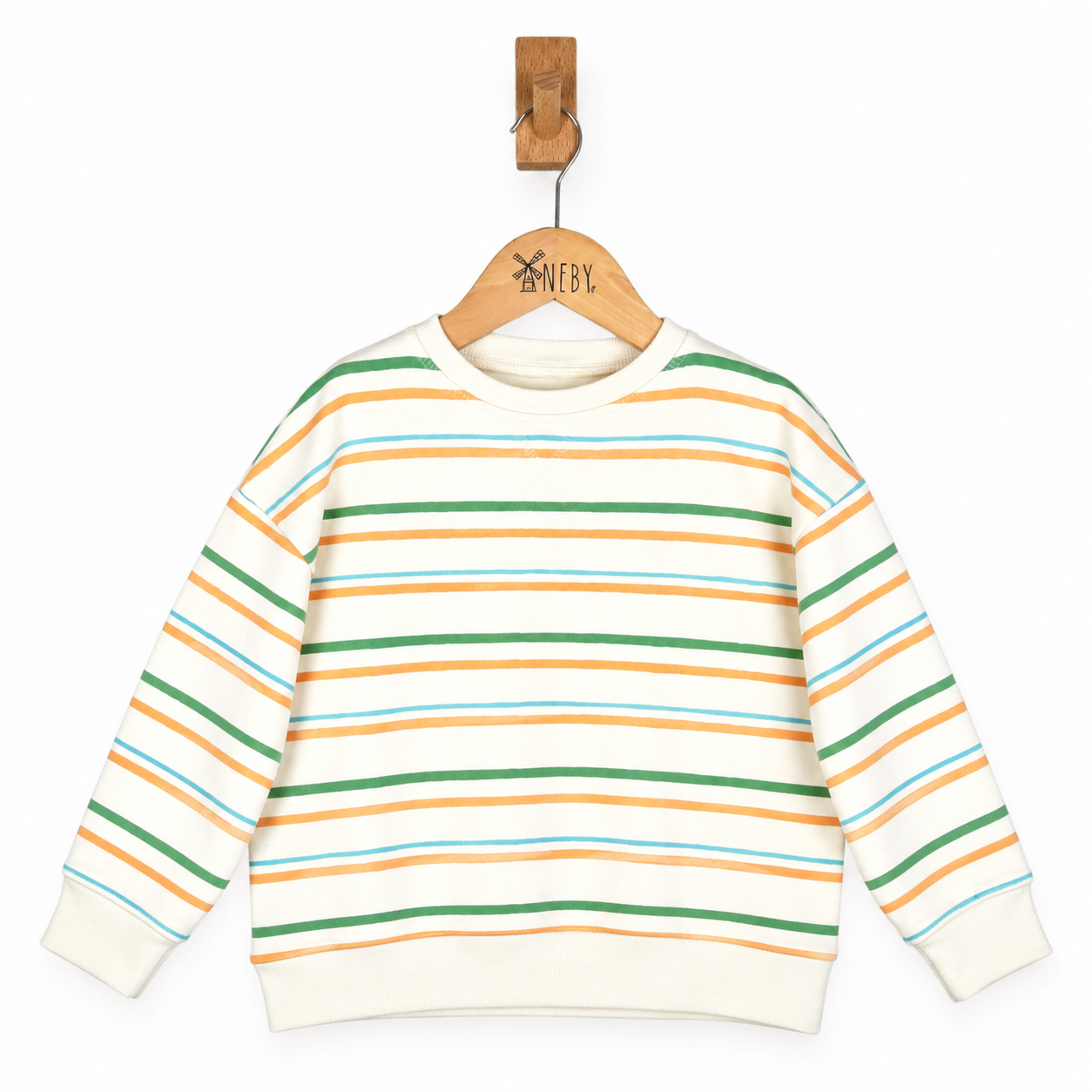 Children's sweater with colorful stripes on a hanger against a white background