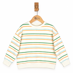 Children's sweater with colorful stripes on a hanger against a white background
