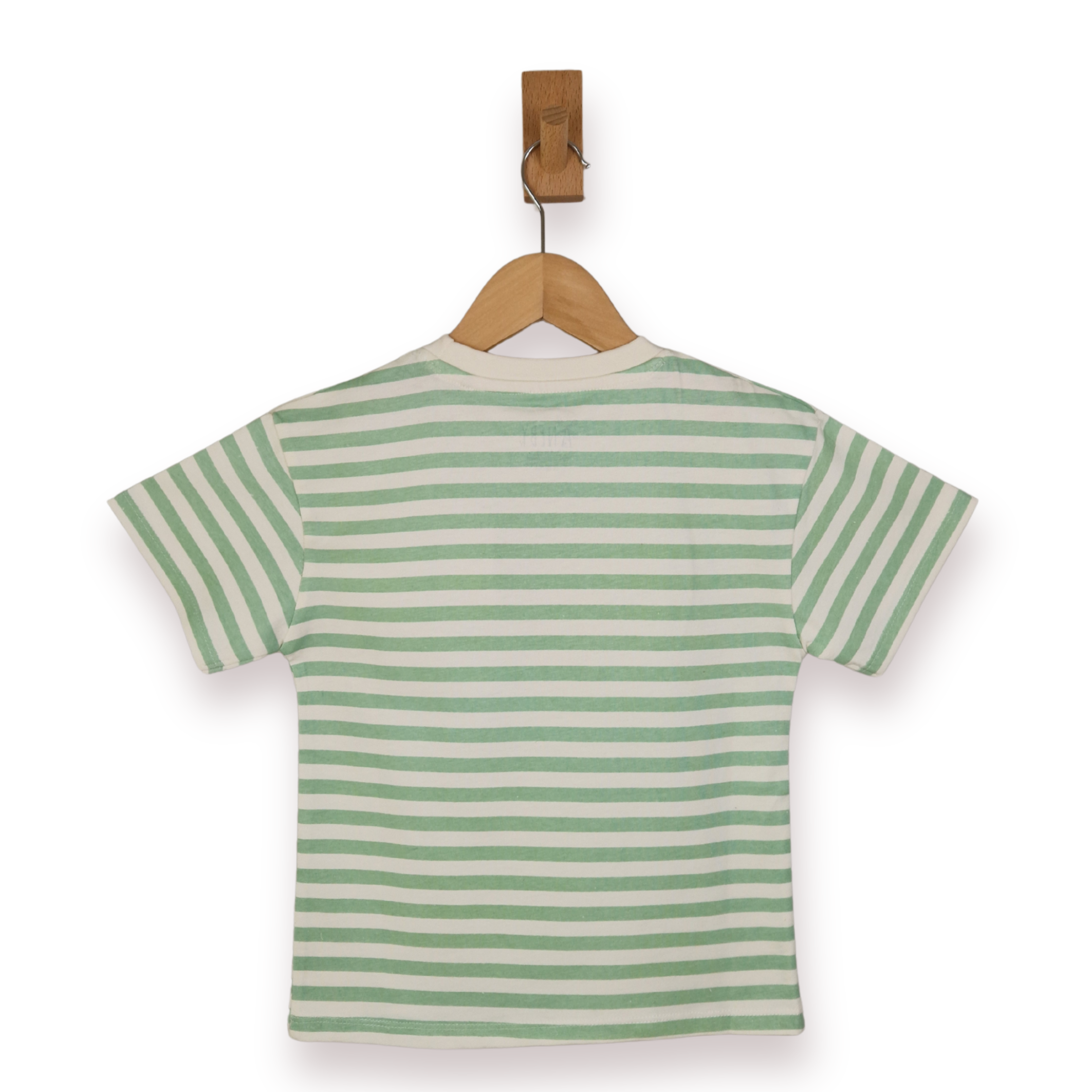 Green and white striped t-shirt on a wooden hanger against a white background