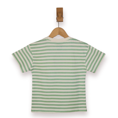 Green and white striped t-shirt on a wooden hanger against a white background