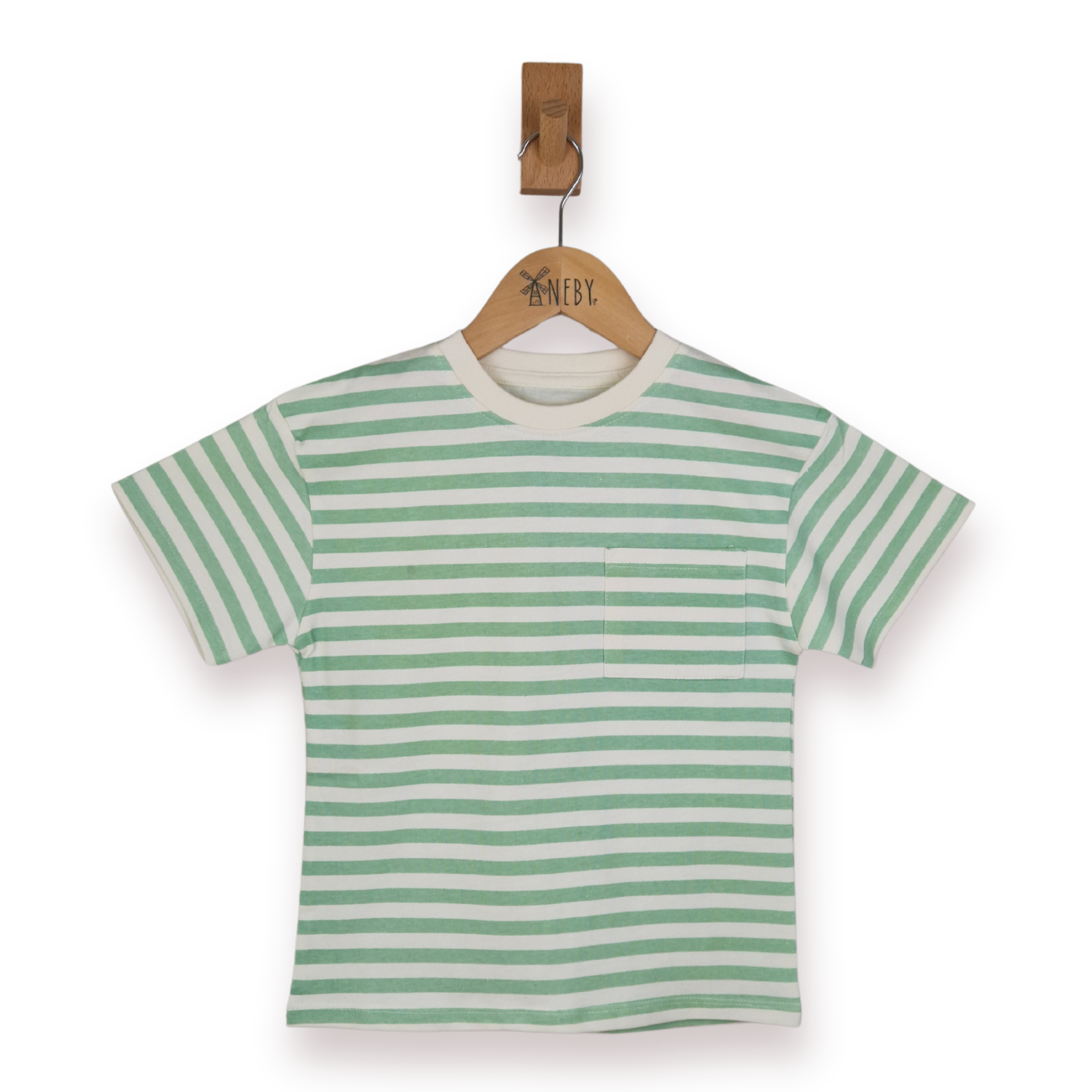 Green and white striped t-shirt on a wooden hanger against a white background