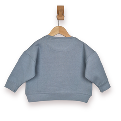 Blue sweatshirt on a wooden hanger against a white background