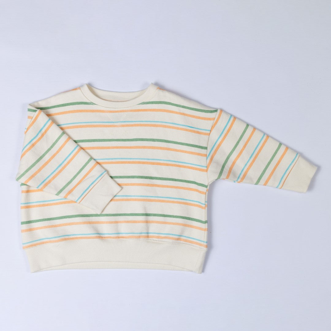 Product shot of striped sweatshirt which features green, orange and blue stripes