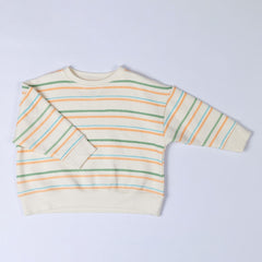 Product shot of striped sweatshirt which features green, orange and blue stripes