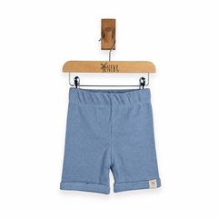 Light blue rib cotton kids shorts with a rolled hem, hanging from a wooden hanger on a white background.