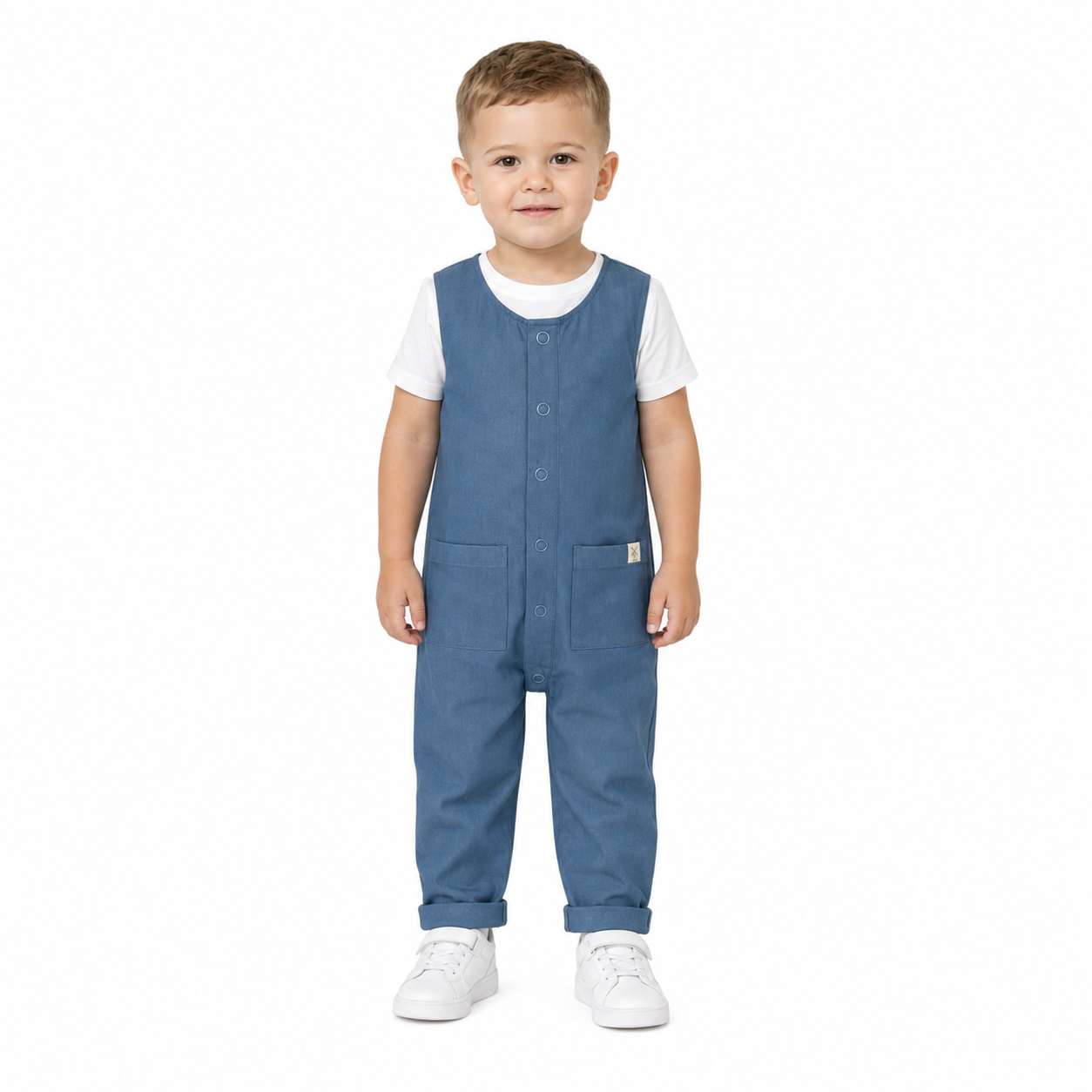 A toddler boy wearing a sleeveless blue jumpsuit over a white t-shirt and white trainers, standing against a solid white background.
