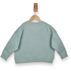 Green sweatshirt on a wooden hanger against a white background