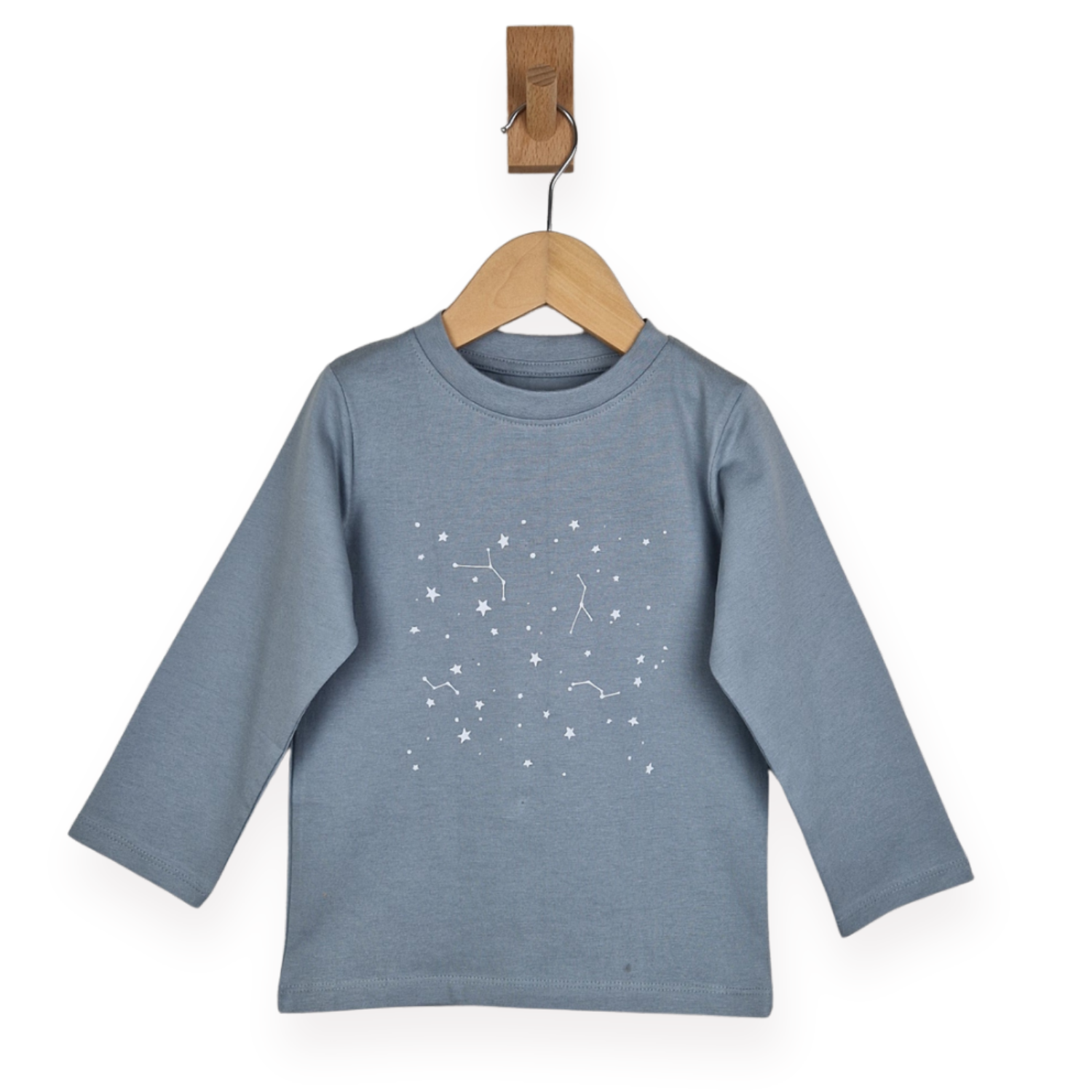 Kids Long Sleeve grey T Shirt With white Stars Front on Wooden hanger against white background