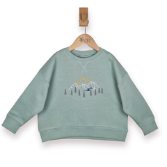 Green children's sweatshirt with mountain design on a hanger against a white background