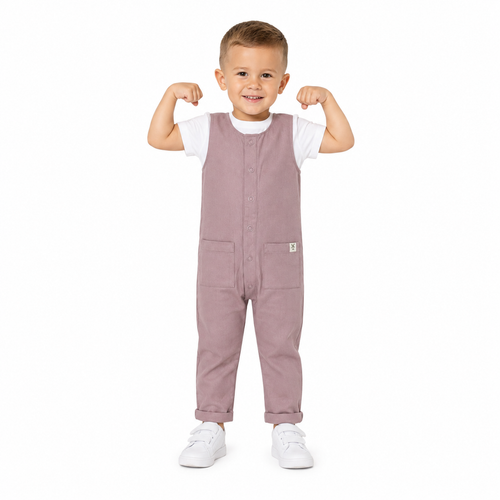 A young boy modelling a pink overall jumpsuit over a white t-shirt and white trainers, posing with his arms flexed against a solid white background.