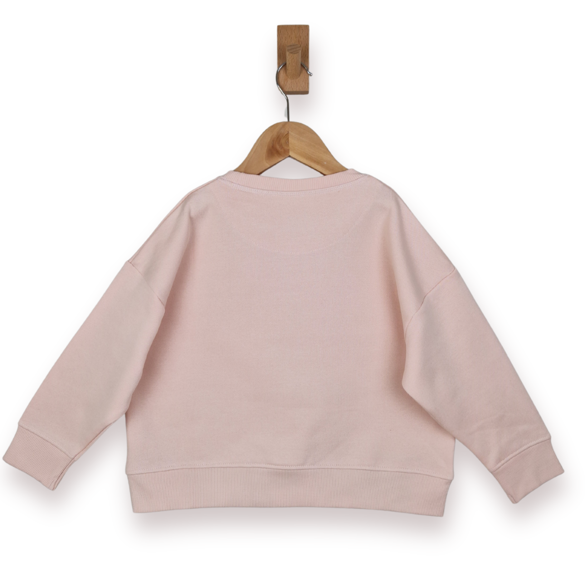 Pink sweatshirt on a wooden hanger against a white background