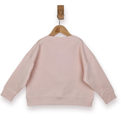 Pink sweatshirt on a wooden hanger against a white background