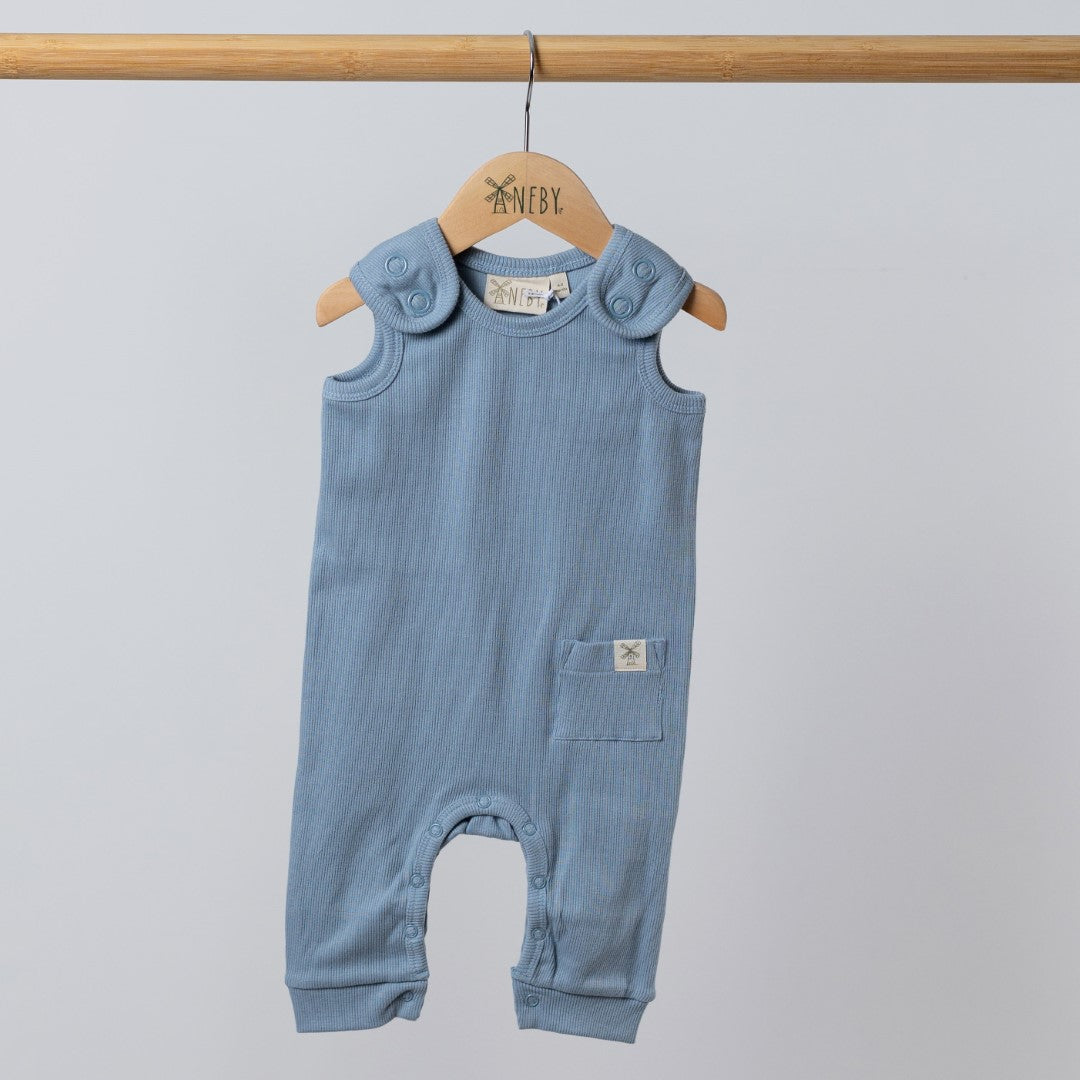 Blue baby romper with shoulder straps and dyed to match poppers hanging from wooden pole