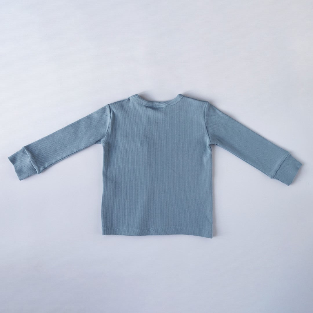 Rear image of slate blue long sleeve top with thick neck binding and cuffs