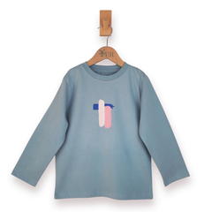 Blue long-sleeve shirt with a colourful design on a hanger against a white background