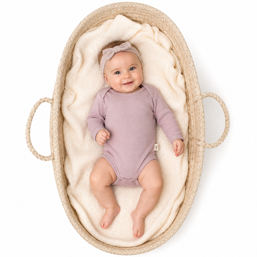 A baby wearing a pink long-sleeve bodysuit and a matching bow headband, lying on a cream knit blanket inside a woven basket with rope handles, photographed from above on a white background.