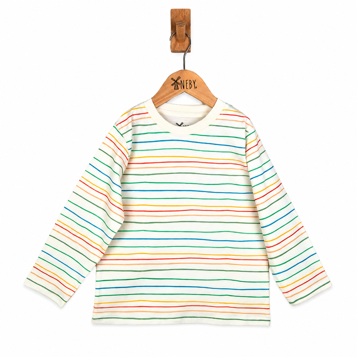 Colourful striped long sleeve t shirt on a hanger against a white background