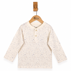 Speckled long-sleeve shirt on a wooden hanger against a white background