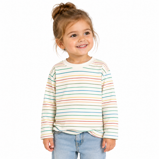 Child wearing a striped shirt with a white background