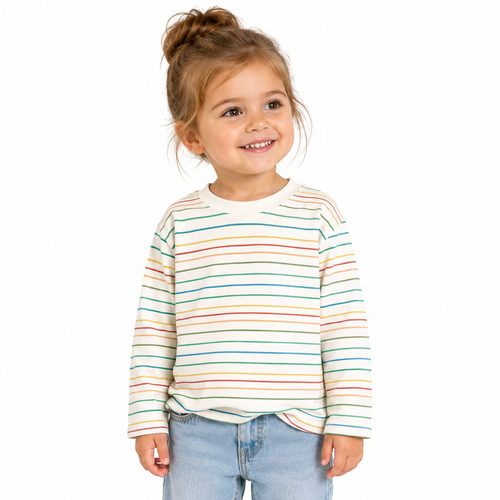 Child wearing a striped shirt with a white background