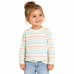 Child wearing a striped shirt with a white background