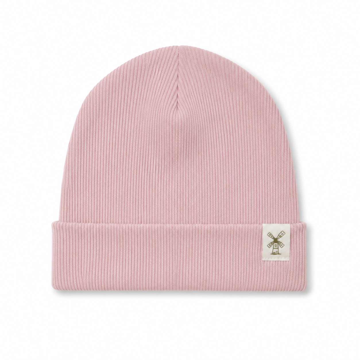 A light pink ribbed knit beanie hat with a folded cuff and a small white square patch featuring a windmill logo on the side, shown against a plain white background.