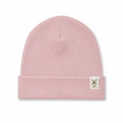 A light pink ribbed knit beanie hat with a folded cuff and a small white square patch featuring a windmill logo on the side, shown against a plain white background.