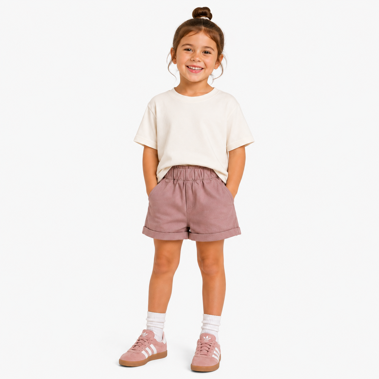 Pink Aneby chino shorts, being worn by a young girl.
