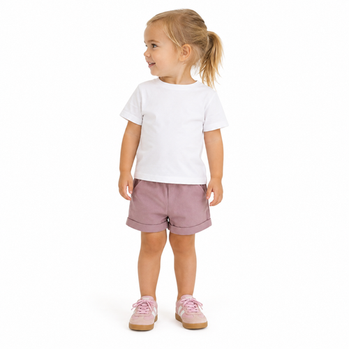 A young child standing against a plain white background, wearing a plain white short-sleeve T-shirt, pink rolled-calf shorts, and light pink sneakers.