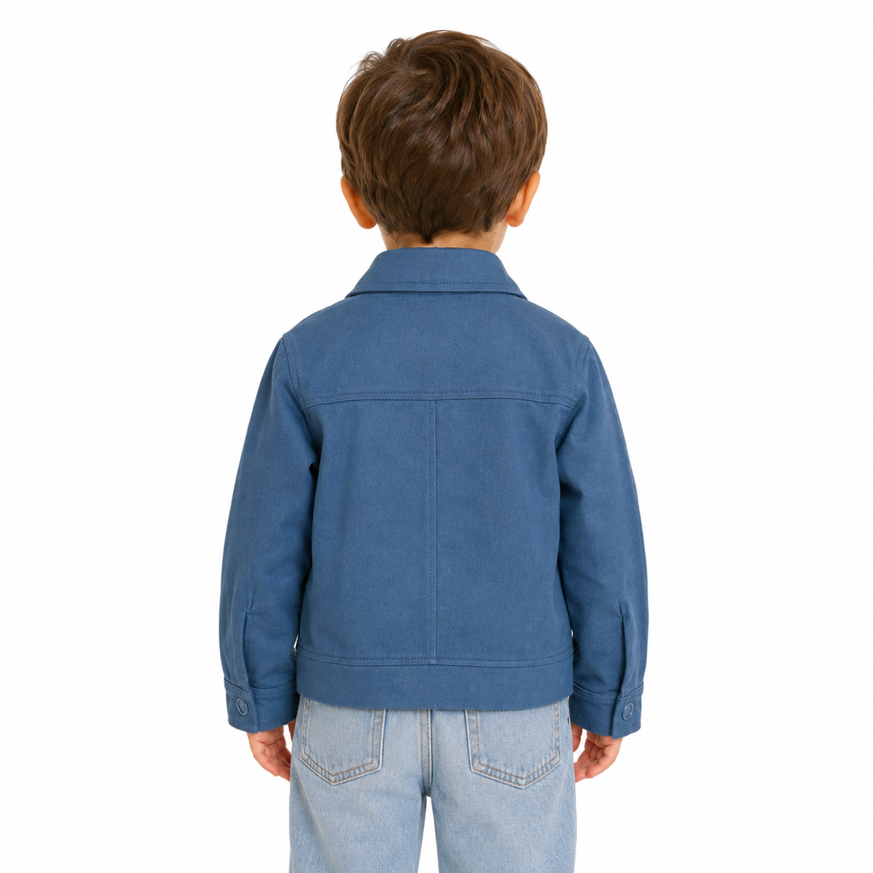 A child viewed from the back wearing a blue jacket and light blue jeans against a plain white background.